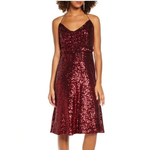 Dress The Population Zherra Red Sequin Cowl Neck‎ Halter Dress Size Small - Picture 1 of 10